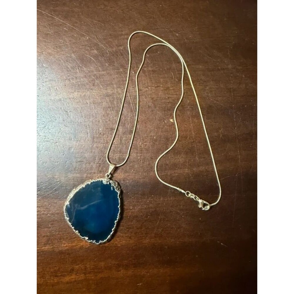 Sterling Silver 925 Snake Chain 24" with 2" Silver Plated Blue Agate Pendant